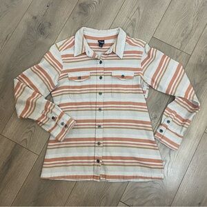 Patagonia Fjord Flannel Shirt Women’s 4 Gray Orange Stripe Long Sleeve Cotton